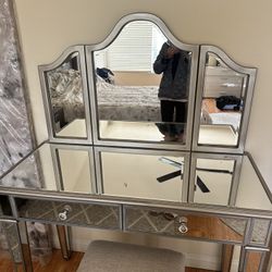 Mini Mirrored Glass Dresser With Stool Chair