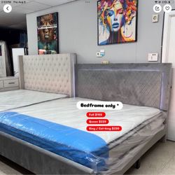 Gray Velvet Upholstered Bed Frame with LED