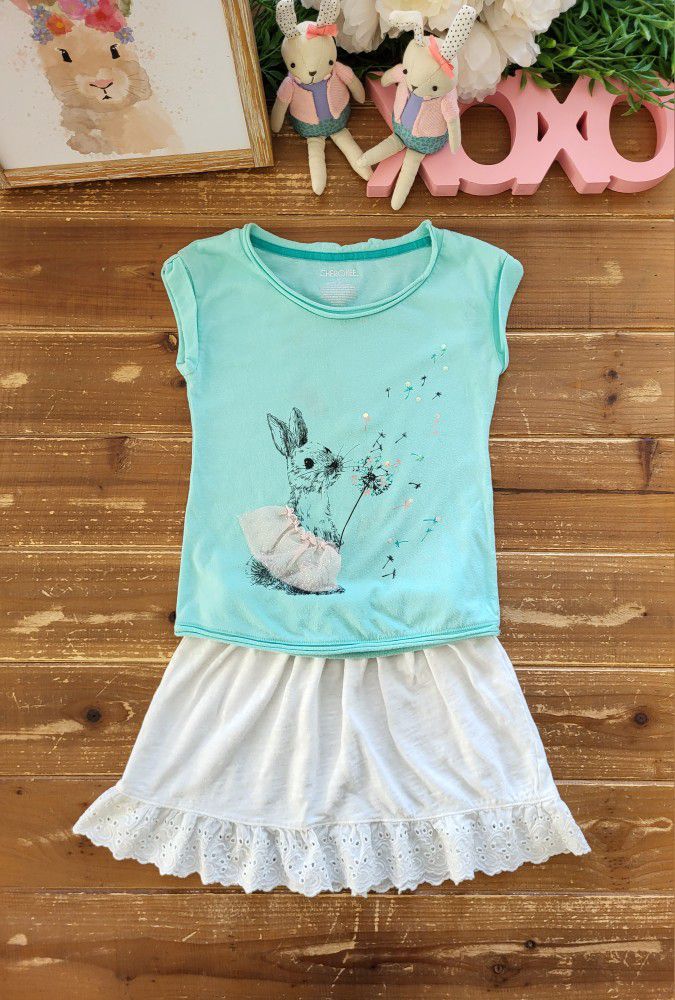 5T 2-PIECE OUTFIT TURQUOISE BUNNY IN SKIRT TEE W/WHITE EYELET TRIM SKIRT
