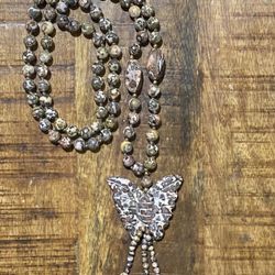 Vintage Leopardskin Jasper Carved Butterfly Pendant And Necklace Large Stone