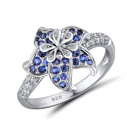 Bella Box S925 Floral Ring w/ clear & blue sapphire crystals sz 6