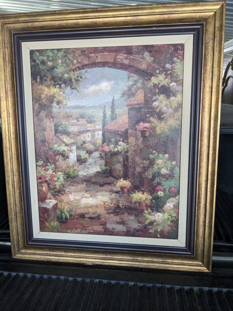 Tuscan Scene Paint On Wood Framed Picture