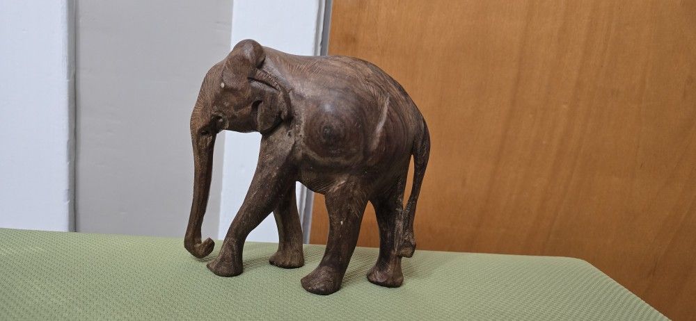 Antique Wood Elephant With Bone Eyes