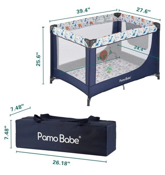 Pamo Babe Travel Foldable Portable Bassinet Baby Infant Comfortable Play Yard Crib Cot with Soft Mattress Breathable Mesh Walls, and Carry Bag Blue