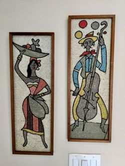 Vintage 1960 Mid-Century Framed Gravel and Pebble Mosaic Wall Art.