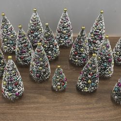 Lot Of 14 Vintage Christmas Trees+bonus Multicolor Ornaments & Gold Topper - Vintage Style Holiday Decor