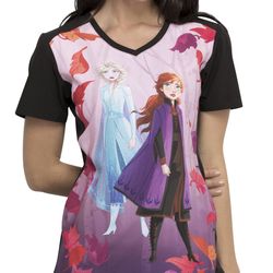 Tooniforms Disney Frozen 2 V-Neck Medical Scrub Top Elsa and Anna Sz Small 