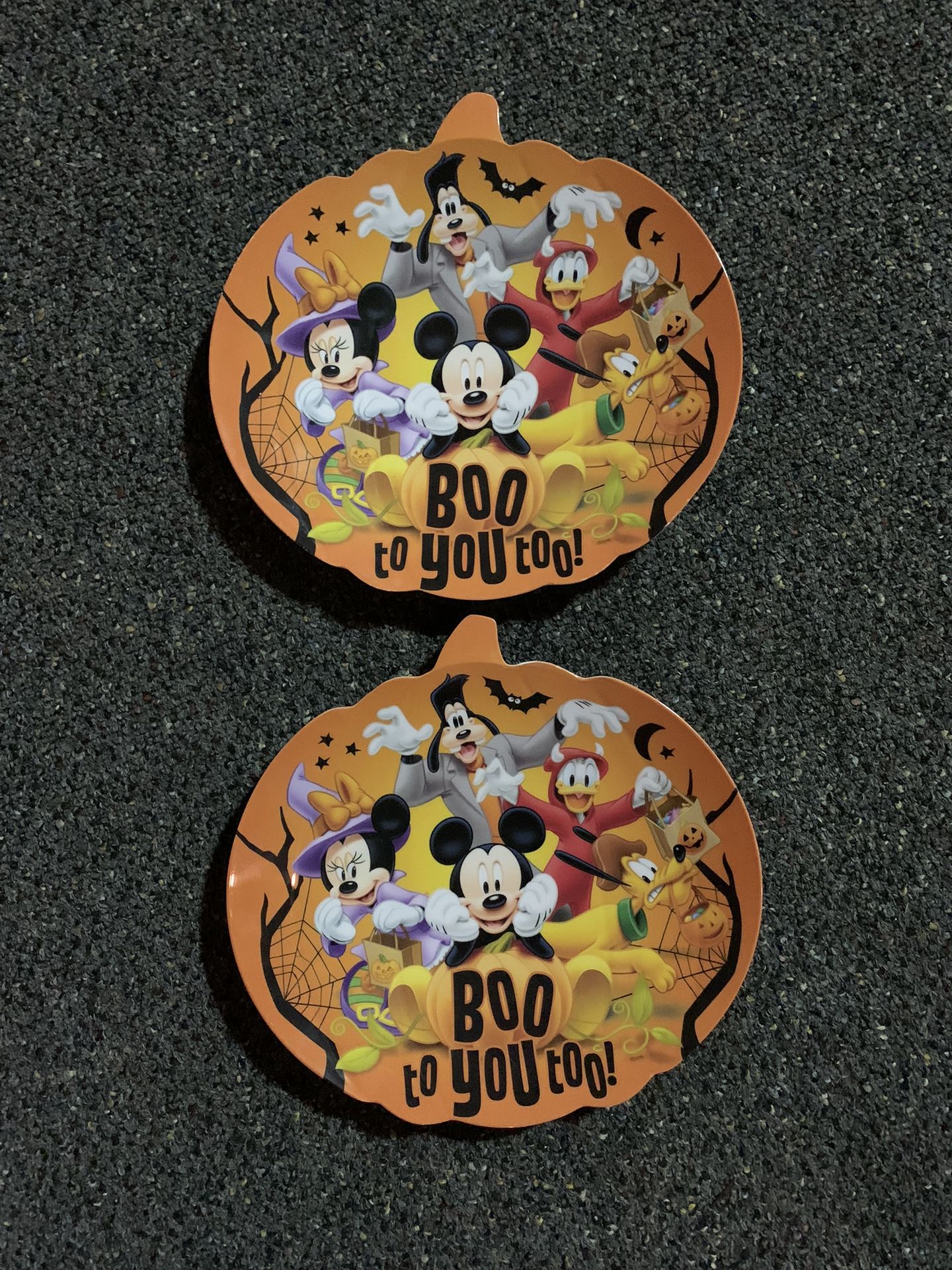 Two Disney Halloween Mickey Mouse 9.5” pumpkin shape Melamine Collectible plates featuring Minnie Goofy Donald Duck Pluto