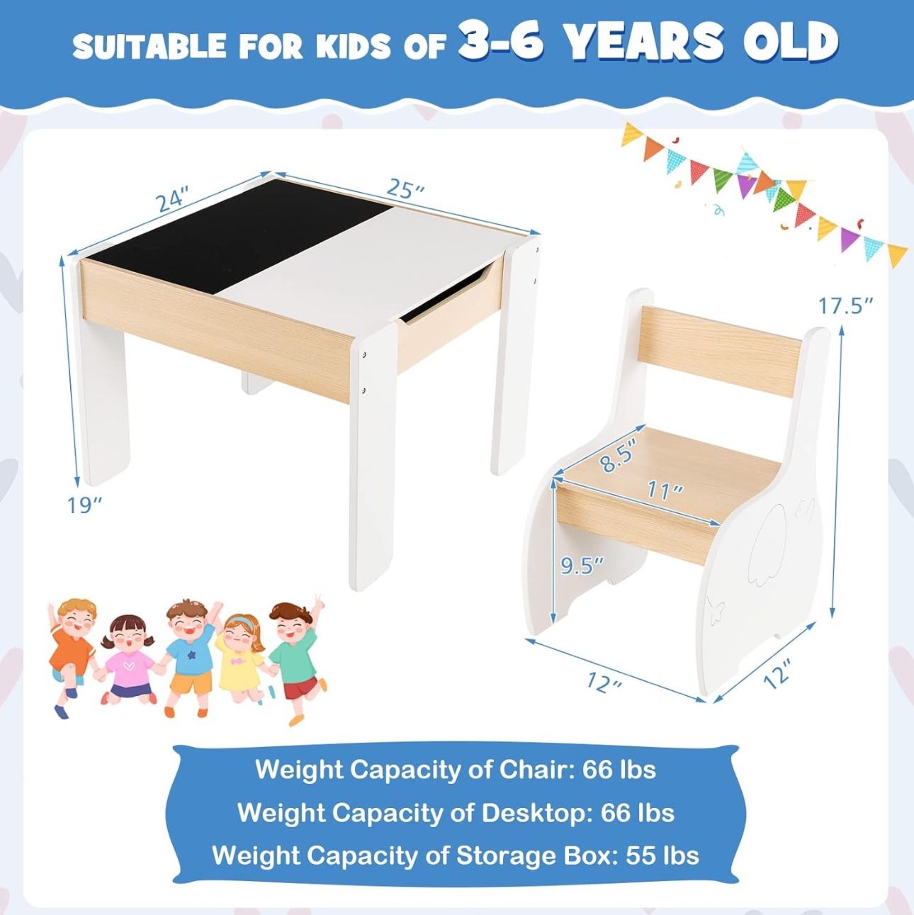 Kids Table and Chair Set, 4 in 1 Wooden Activity Table & 2 Chairs with Detachable Blackboard for Arts, Crafts, Drawing, Reading, Storage, 3 PCS Toddle