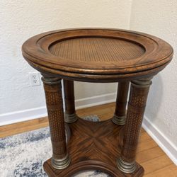 Solid Wood & Leather Round Accent Table – 26” – Statement Piece