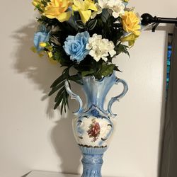 Gorgeous Tall Blue floral vase With Flower Arrangement 
