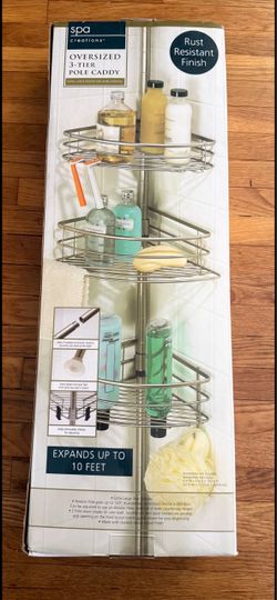 New With Tags Boxed Spa Creations Oversized Rust-Resistant Epoxy Nickel Finish 3-Tier Pole Caddy