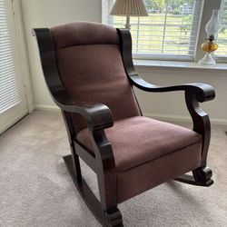 Antique Wood Rocking Chair, excellent condition structure, can use some finish touch up on the edges.  26”W x 36”D x 38”H. Wood members 2 1/2- 3 1/2”W