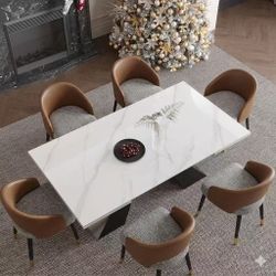 9 PCs 78.74'' to 110.23” Extendable Rectangular Sintered Stone Dining Table