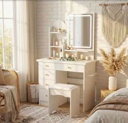 5-Drawers White Makeup Vanity Sets Dressing Table Sets With Stool, LED Lighted Mirror, Power Strip and Hair Dryer Holder