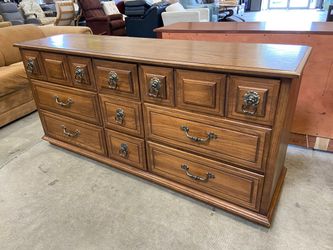 Vintage Wooden 9 Drawer Triple Dresser with Ornate Floral Brass Pulls