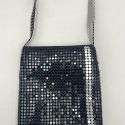 Vtg Paco Rabanne Style Black & Silver Metal Mesh & Black Satin Lining Rectangular Evening Bag