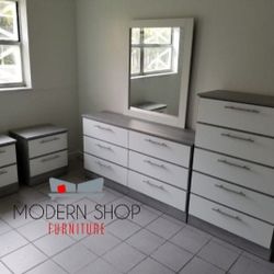 DRESSER WITH MIRROR, CHEST AND TWO NIGHSTANDS 