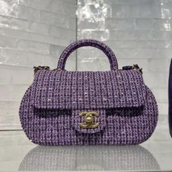Chanel Mini Sequin Flap Bag with Top Handle Purple Tweed Antique Gold Hardware  