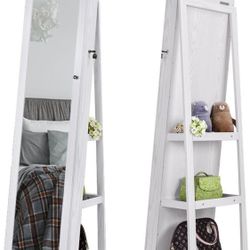 NEW IN BOX Mirrored Swivel locking Jewelry Storage Cabinet w/ back shelves