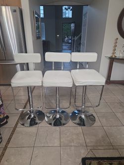 Set of 3 White Leather Bar Stools with Chrome Base