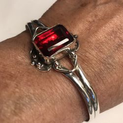 Free Shipping.  Garnet 925 Sterling Silver Cuff Bracelet