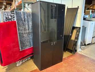 Tall Black Storage Cabinet with Fluted Doors