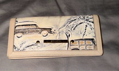 Brahmin Ivory Copa Cabana Ady Wallet featuring an embossed car and palm tree design genuine leather
