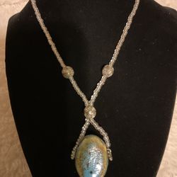 Vintage Beaded Necklace With Natural Stone Pendant 