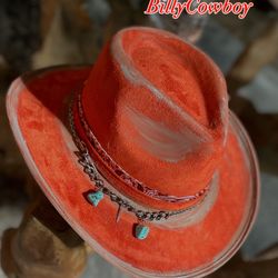 🧡 Cowboy Billy in Burnt Orange Splendor 🍊💠 Unique Bohemian Hat featuring Turquoise, Rust, and natural accents, paired with silky bandana and feathe