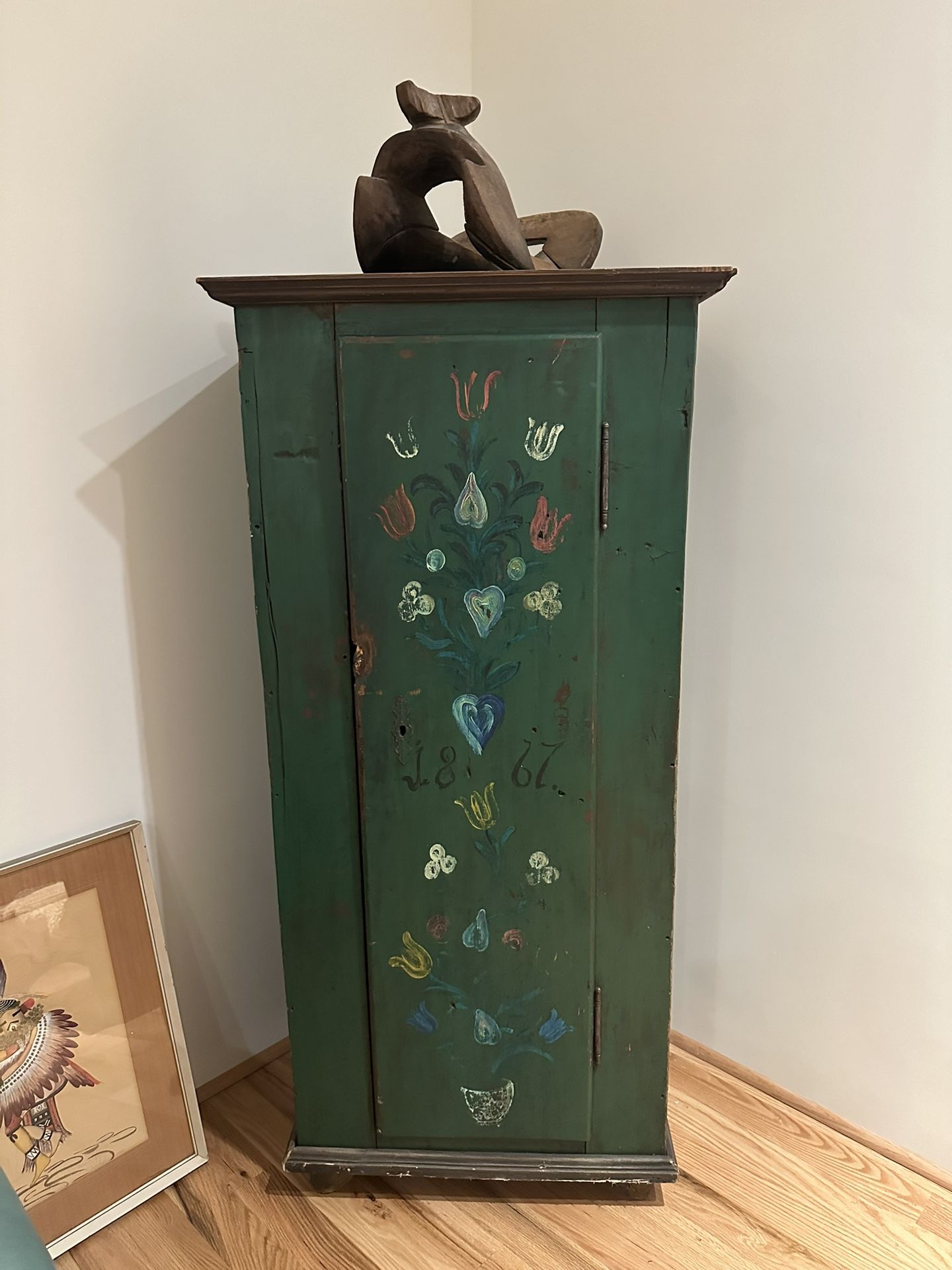 Antique Romanian Tall Green Cabinet