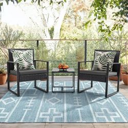 New 3-Pieces Modern PE Rattan Chair Patio Furniture Conversation Sets for House Porch Garden Backyard Outdoor New in box T LCRC813S0 * Color: Black