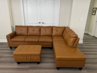98" Faux Leather Sectional Sofa with Chaise, Storage Ottoman, Cup Holders