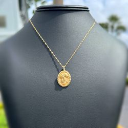 14k yellow gold Solid Wave link chain necklace 18.00” 0.70mm Jesus  Pendant Charm