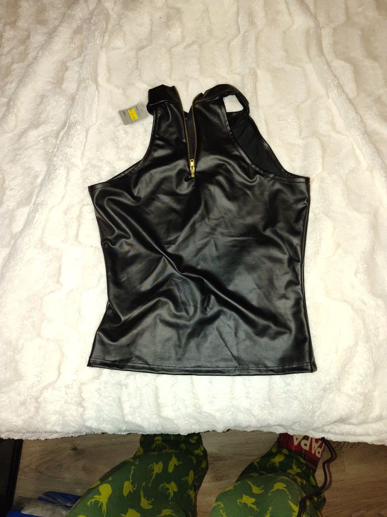 Yellow Cabbage Woman's Black Faux Leather Sleeveless Top 