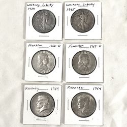 Great condition Kennedy, Franklin and walking liberty silver half dollars. Total of 6