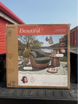 Beautiful Wicker Outdoor Swivel Chair with Boucle Cushions, Brown/Thyme by Drew Barrymore