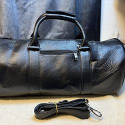 Black Genuine Leather Duffle Bag Weekender Gym Travel Carry On With Shoulder Strap