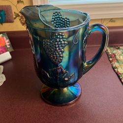 Indiana Glass Blue Iridescent  Carnival Glass Pitcher 
