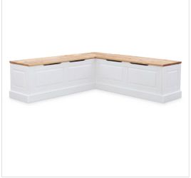 Linon Norah Backless Corner Breakfast Nook with Hidden Storage – White & Natural Pine – NEW IN BOX