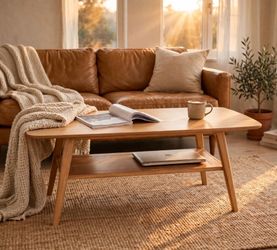 Modern Wood Coffee Table — 39" Solid Oak, Lower Shelf