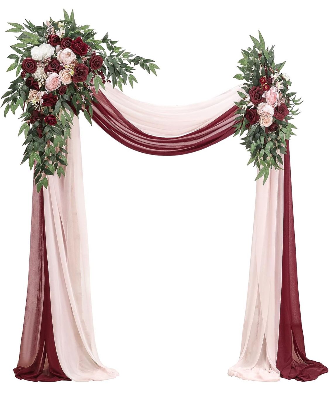 Floroom Arch Flowers with Drapes Kit (Pack of 4) - 2pcs Artificial Burgundy & Blush Floral Swag Arrangement with 2pcs Draping Fabric for Wedding Cerem