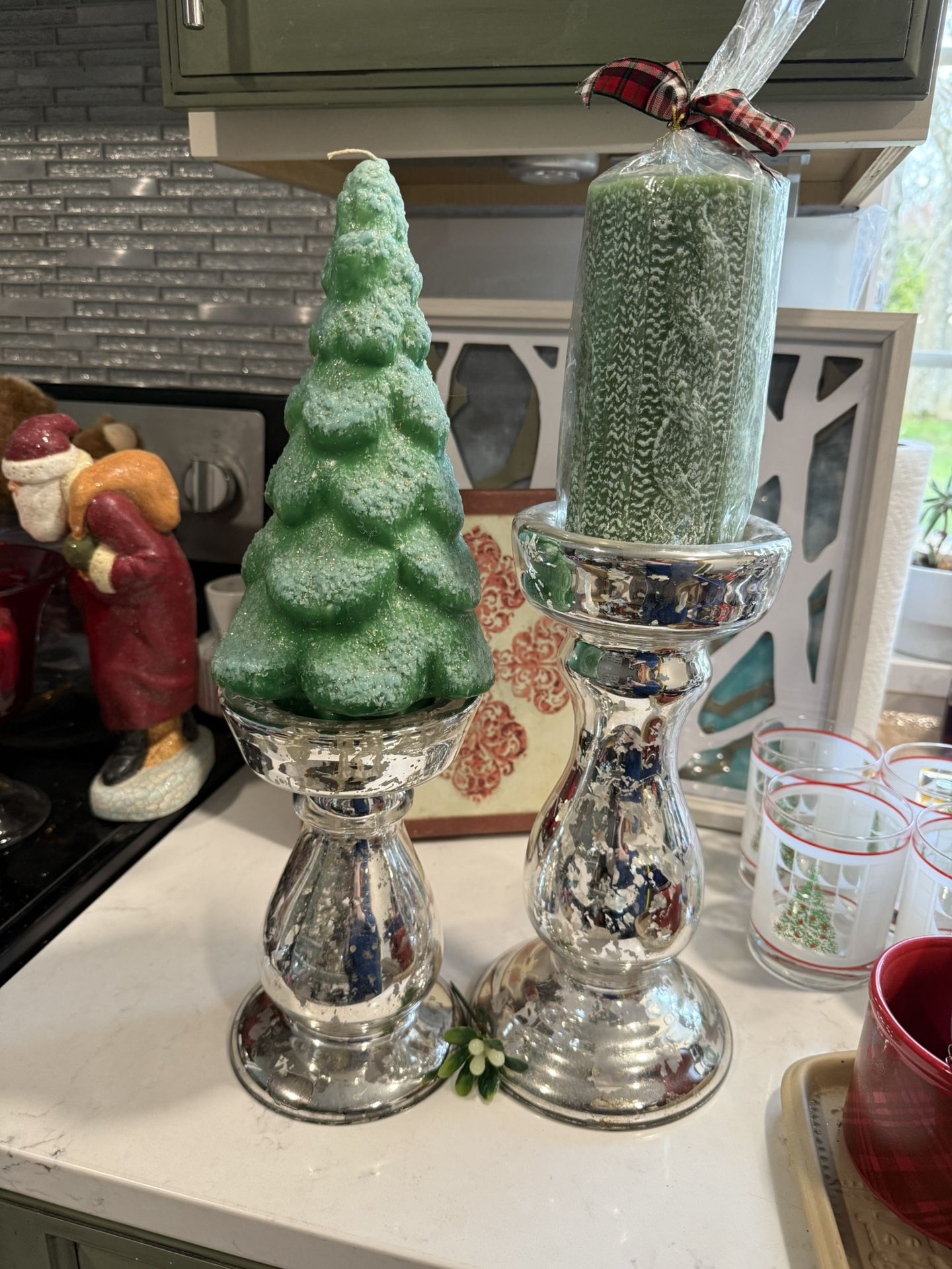 Gorgeous Mercury Glass Pillar Candle Pedestals Holders   11” & 8”   Inside rim on pillars measure 3.5” diameter for 3” candles   Candles not included