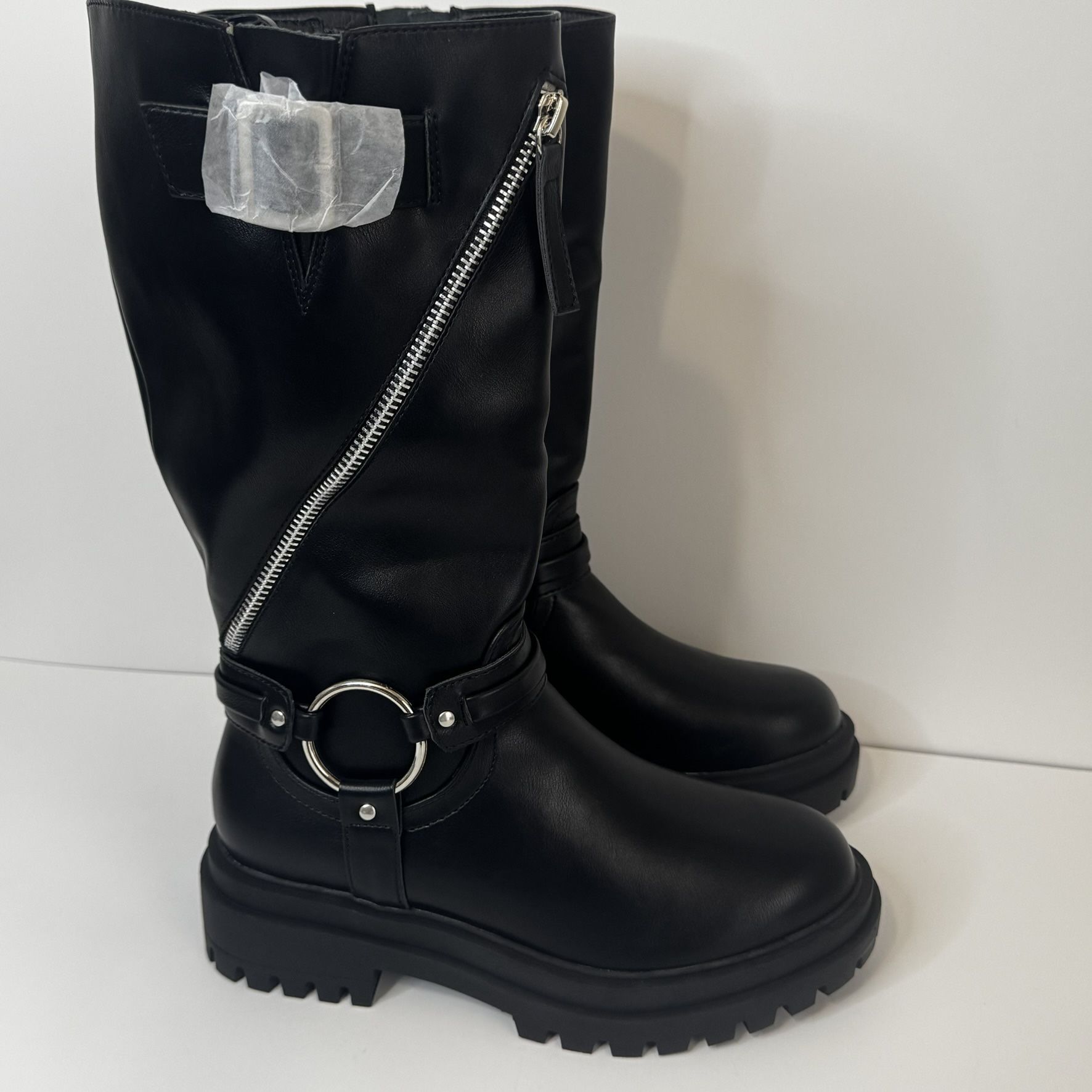 Women's Leather Knee High Boots Chunky Heel Belt Buckle High Biker Boots Size 6.5