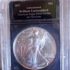 2021 Authenticated Brilliant Uncirculated American Eagle Silver Dollar 