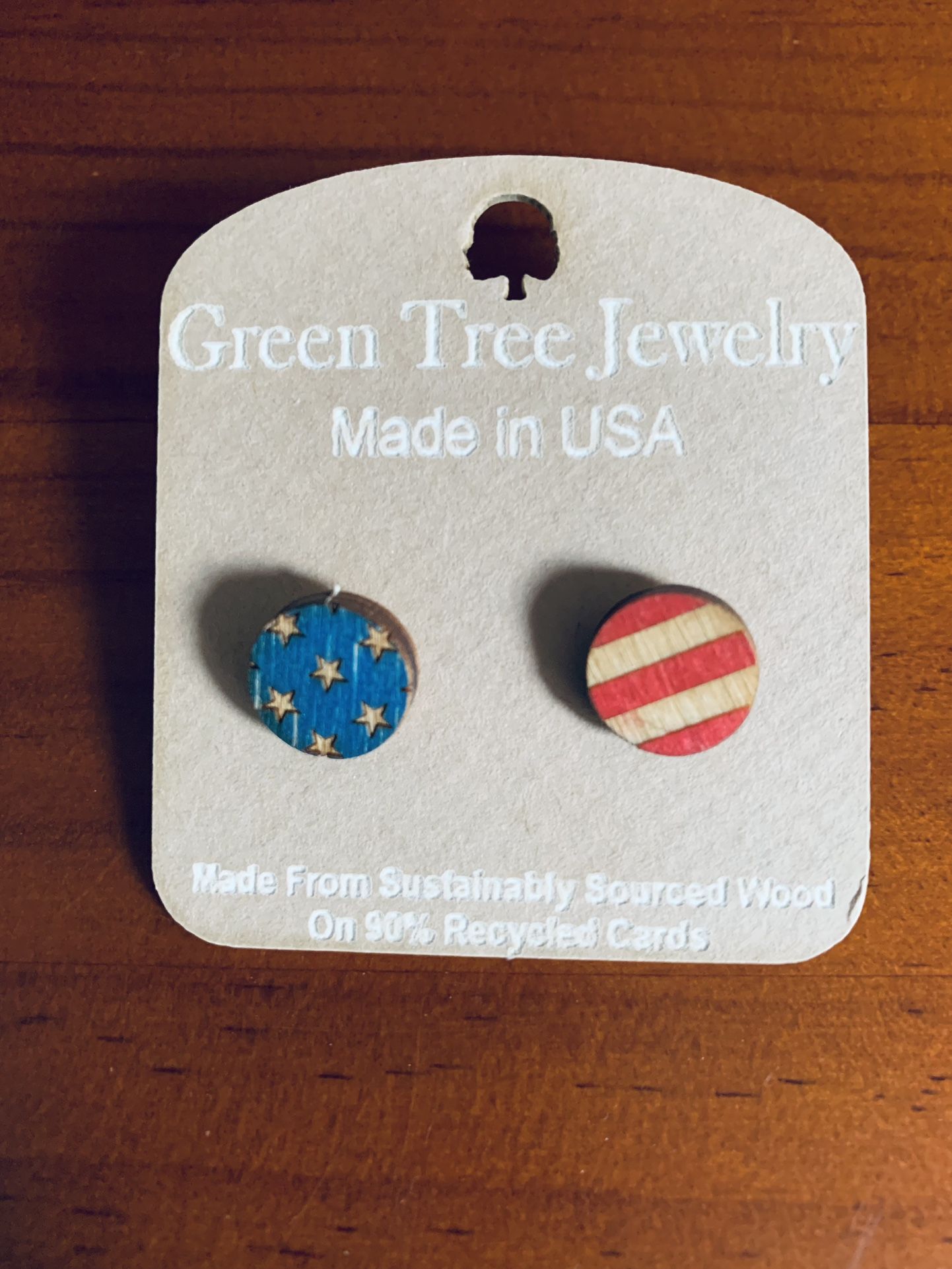 NWT Patriotic Stars & Stripes Pierced Earrings Made From Wood, 4 th of July Gift