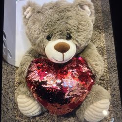 10” teddy bear, holding reversible, sequence, heart stuffed animal