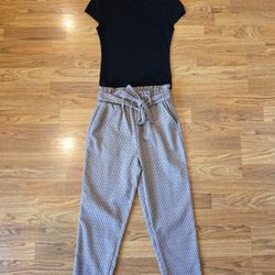 Women's Black Short Sleeve Cutout Top & Houndstooth Pants Set - Small