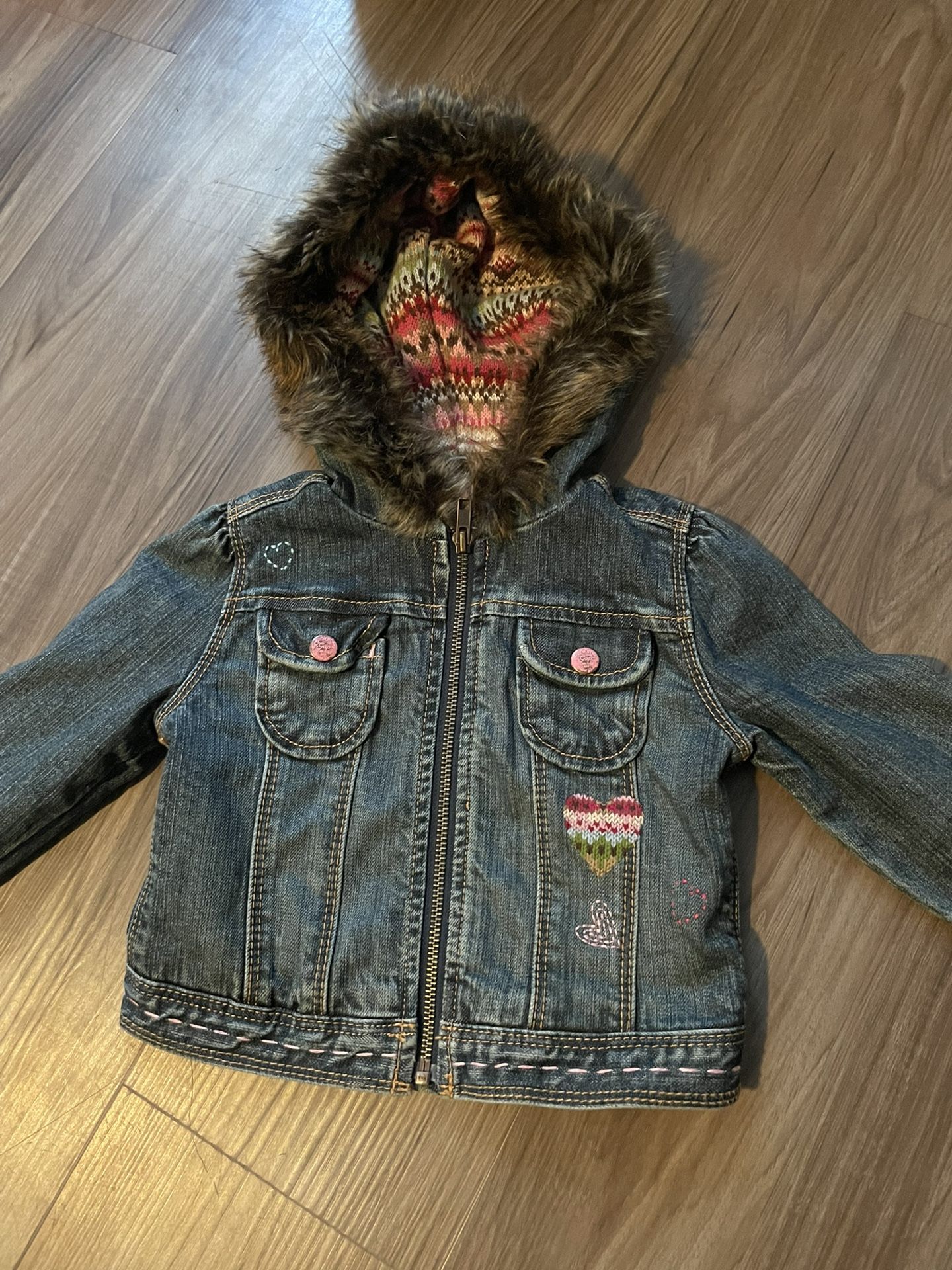 Baby Gap Girl Denim Jacket Faux Fur Hooded Toddler 2 Years