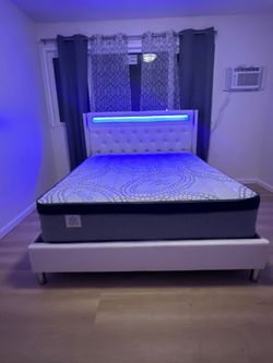 White Tufted Bed Frame with LED Headboard